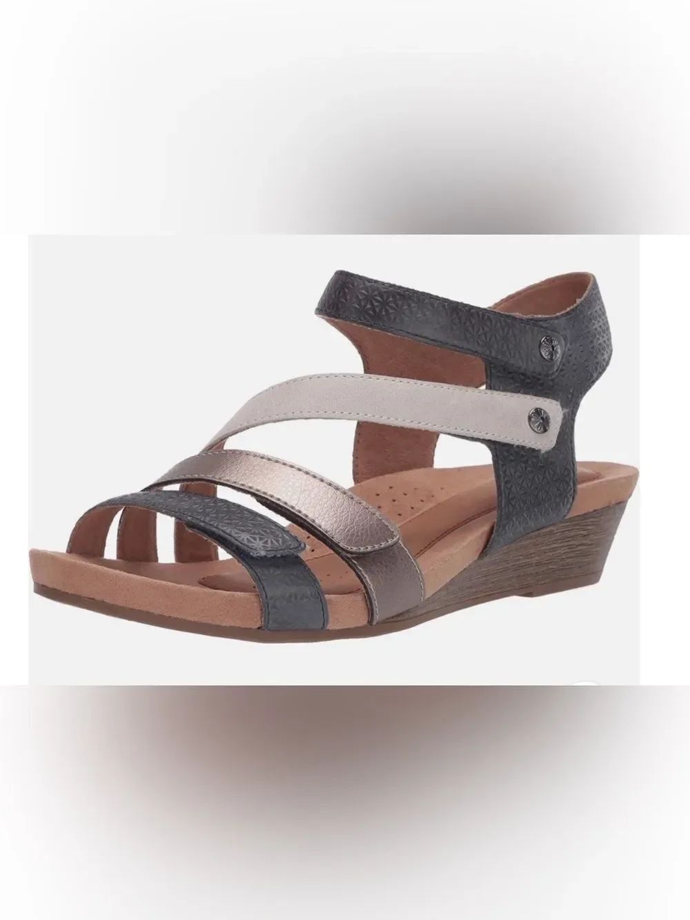 Cobb Hill HOLLYWOOD Slate Blue Metallic Gold Leather Strap Low Wedge Sandals